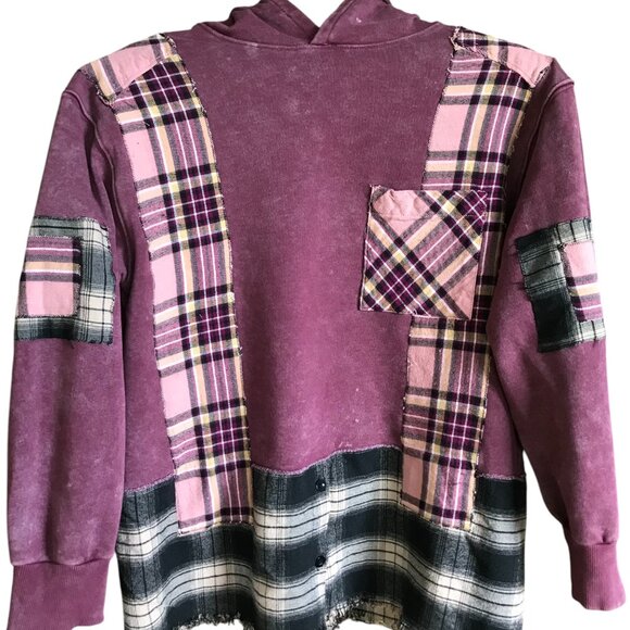 Upcycled Patchwork Hoodie, S-M: Distressed Magenta Grunge Sweater, Campus Style - Picture 7 of 16